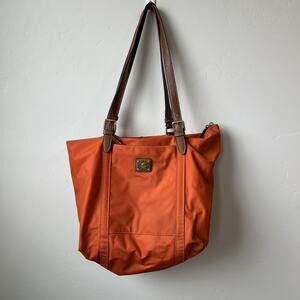 Ralph Lauren Bright Orange Leather Straps Nylon Tote Purse Bag Gold